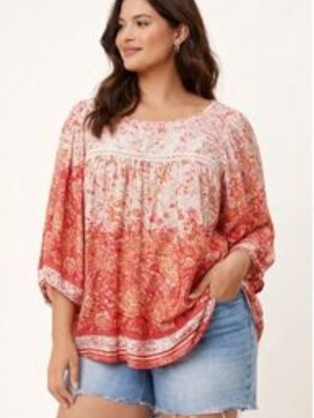 fig and flower Coral Floral Boho Peasant Top